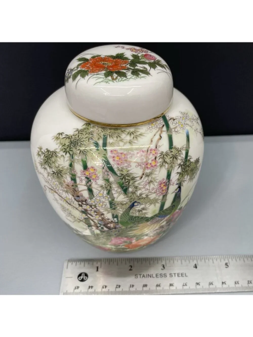 Vintage 70s Japan Yamaji Ginger Jar Peacocks Floral Porcelain Hand Painted